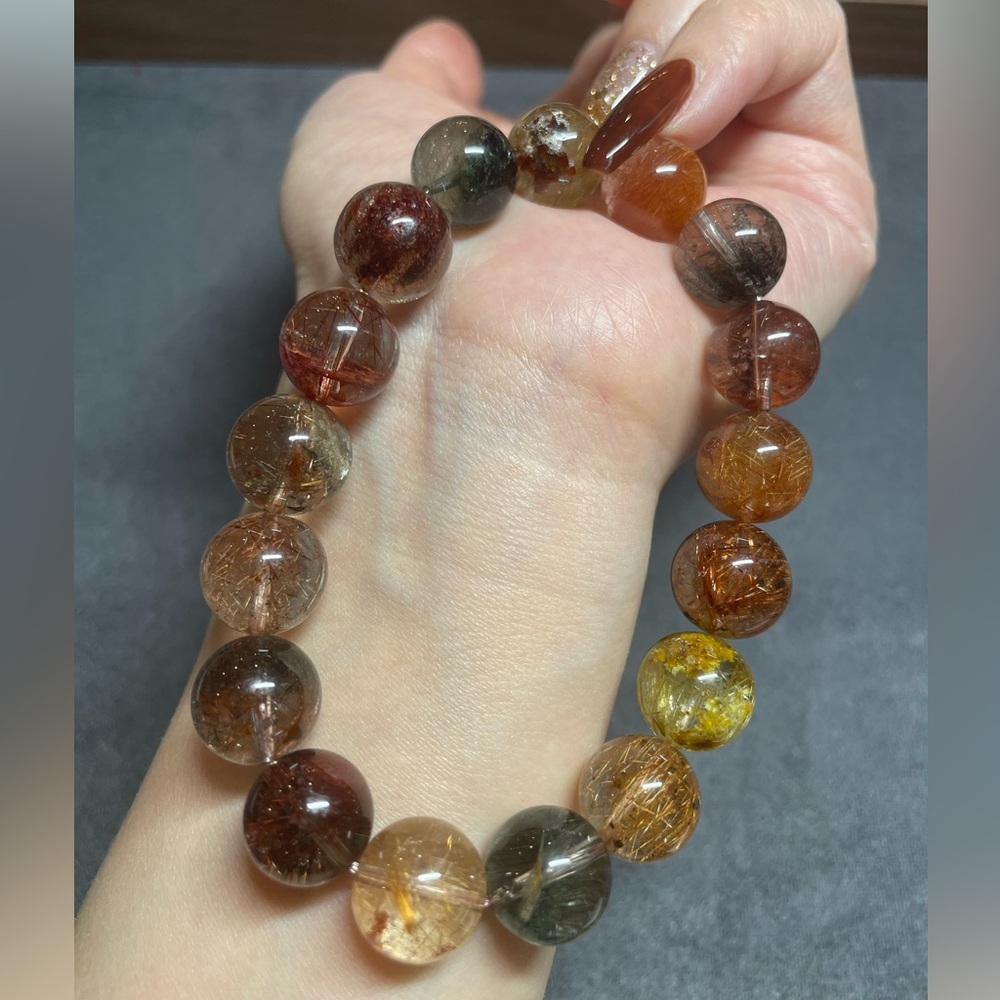 Genuine Multicolor Crystal Beaded Bracelet - Phantom & Rutilated Quartz